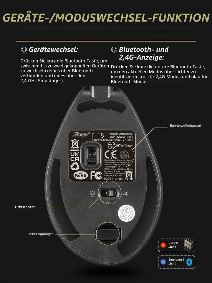 Kabellose Ergonomische Maus mit Joystick, vertikale Bluetooth-Gaming-Maus, 12 programmierbare Tasten