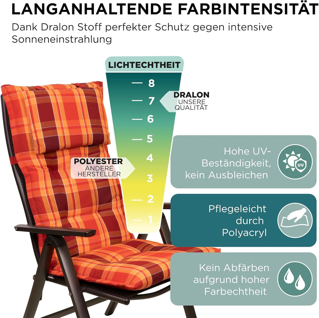 Gartenstuhlauflagen Hochlehner mit Kopfteil I Extra Dicke Sitzauflagen I Made in EU I Polsterauflage