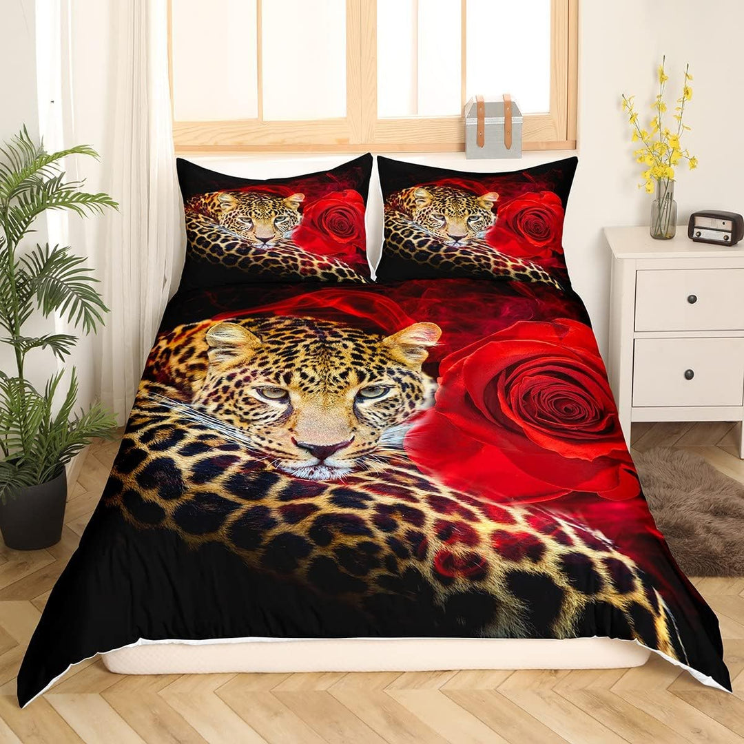 Loussiesd Leopard-Bettwäsche-Set für Mädchen, Jungen Kinder rote Rose Bettwäsche 135x200cm dekorativ