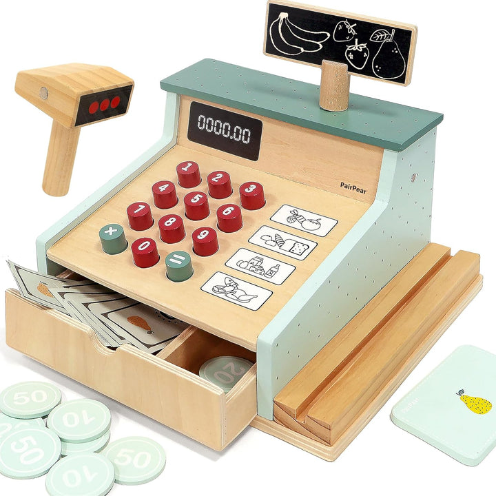PairPear Kinder Kasse aus Holz spielkasse Kinder mit Scanner, Kartenlesegerät, Kreditkarten und Spie