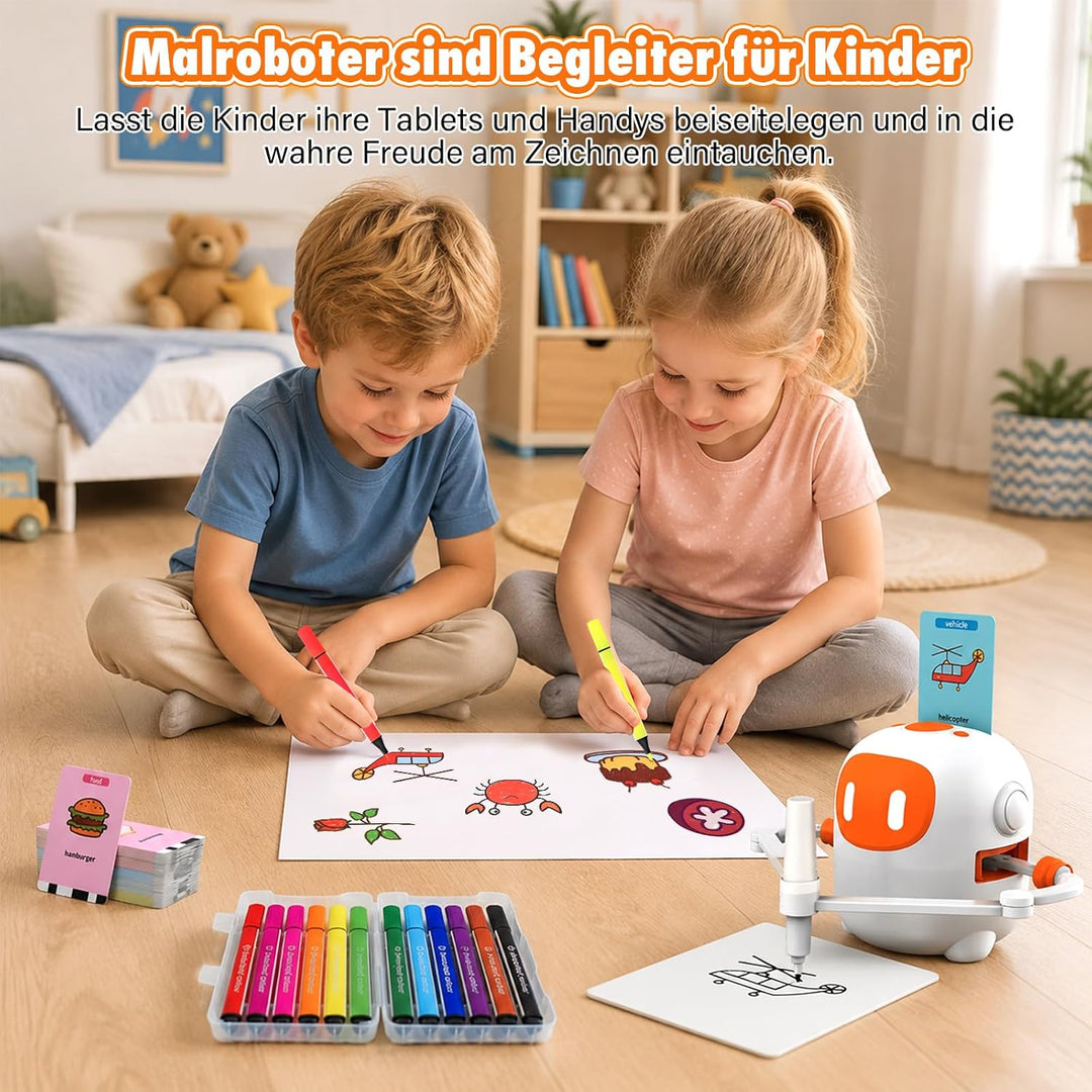 Zeichenroboter für Kinder mit 100 Karten und 12 Stiften, Sprechender Malroboter mit Sprachsteuerung,