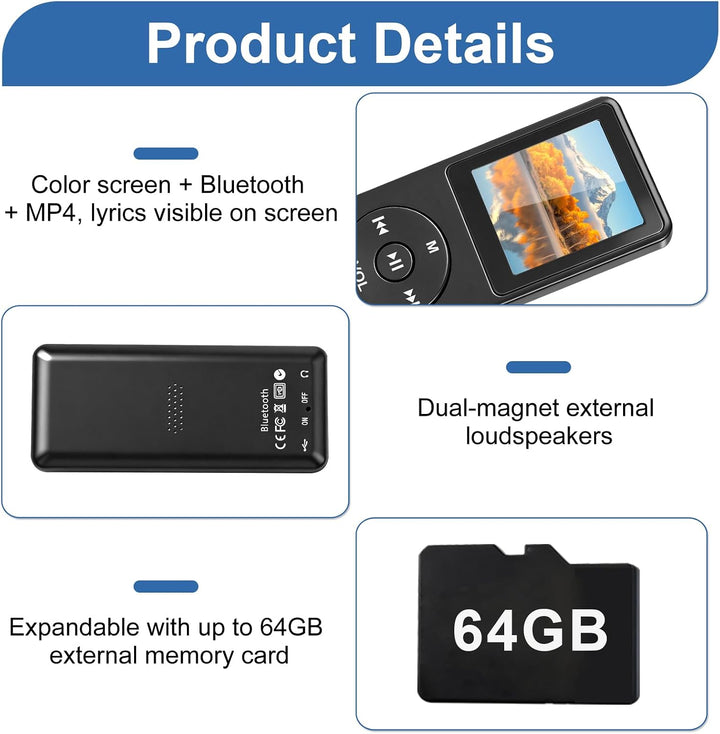 MP3 Player Bluetooth 5.3 64 GB mit 1,8 Zoll TFT Farbdisplay, HiFi Musik Player mit Lautsprecher, Kop