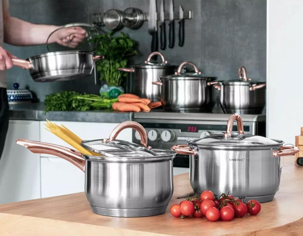 Kinghoff Topfset Induktion, Kochtopf Set mit Glasdeckel, Kochgeschirr aus Edelstahl aussen mattiert,