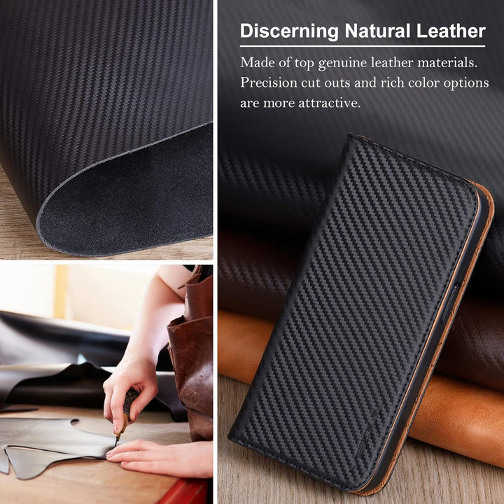 VISOUL iPhone 14 Plus Hülle, Handyhülle [100% Carbon Leder] [RFID Schutz] [Schützt vor Stoss] [Stand