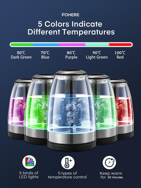 Wasserkocher mit Temperatureinstellung, FOHERE Wasserkocher Glas, Edelstahl Glas Wasserkocher Elektr