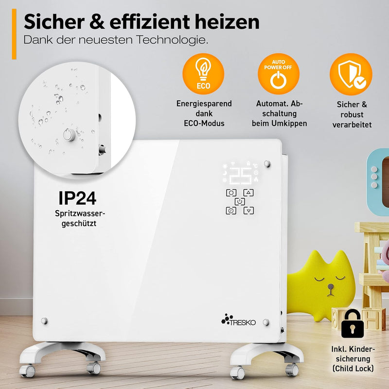 TRESKO® Glaskonvektor 2000W APP WiFi Funktion | Elektroheizung Glasheizung elektrisch | Konvektor He