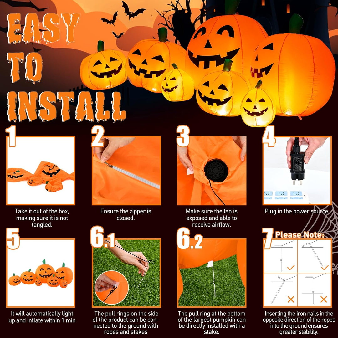 Solpex Halloween Deko, aufblasbar Kürbis Dekoration, 240 cm, 7 Kürbis-Set mit 21 LED Beleuchtung für