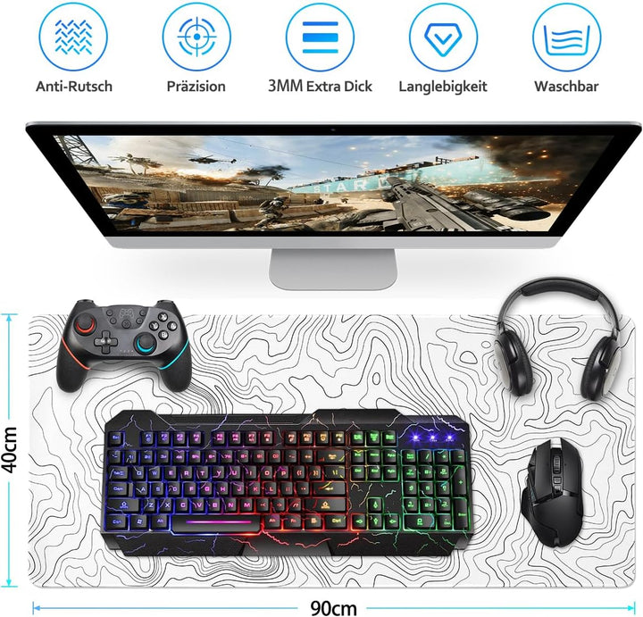 Zindoo XXL Mauspad 900 x 400 mm – Weisses Gaming Mousepad mit Topografischem Linienmuster – Präzise
