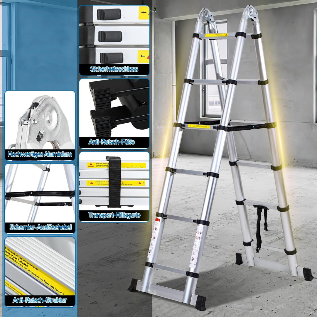 teleskopleiter klappleiter 2,5M+2,5M aluleiter 8+8 Stufen Stehleiter Klappleiter, 150 kg Belastbarke