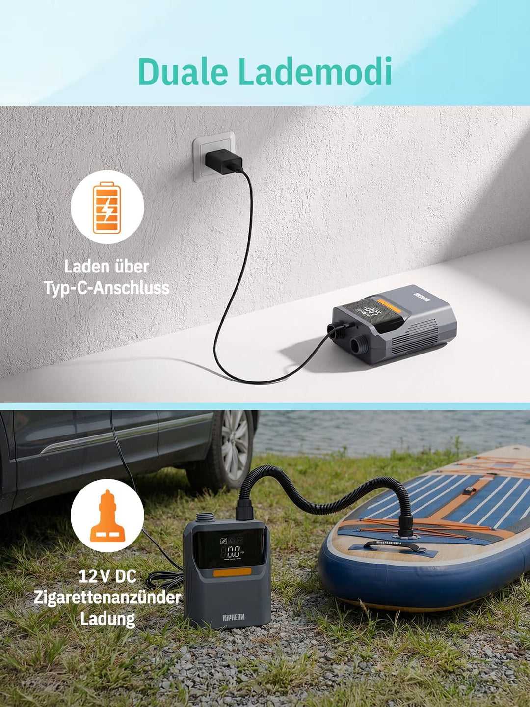 Niphean Elektrische Luftpumpe Akku, 50 PSI Luftpumpe Elektrisch für Autoreifen, Fahrrad, Luftmatratz