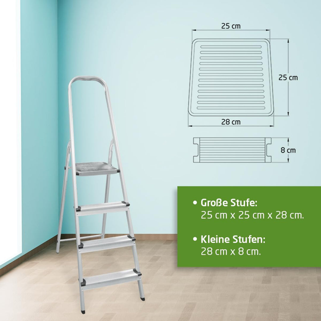 Amig - Klappbare Leiter mit 4 Stufen - Hergestellt aus Aluminium - Masse der kleinen Stufen: 28 cm x