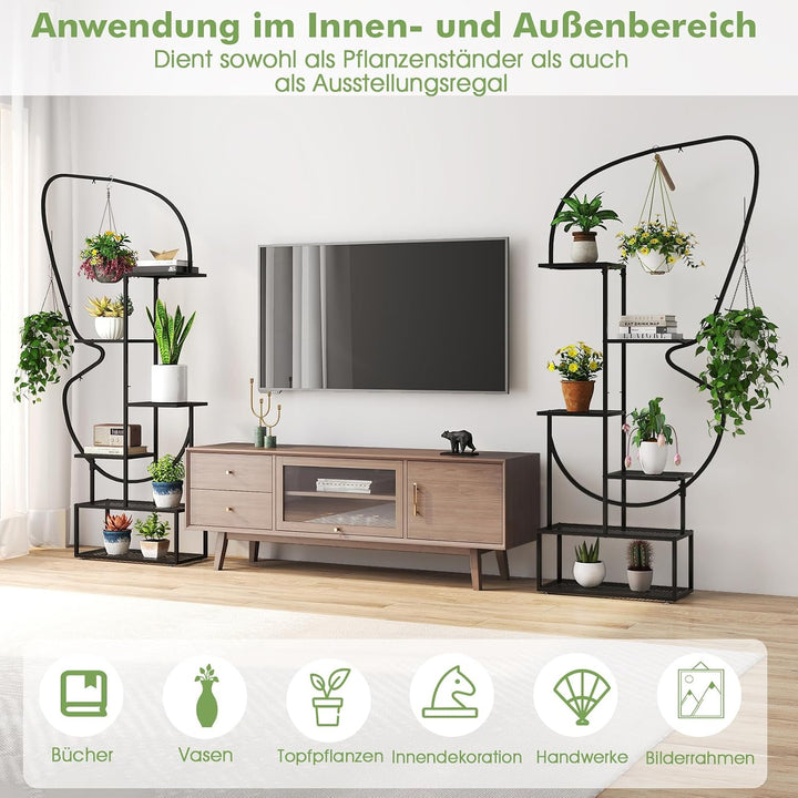 COSTWAY 6-stufiger Metall Pflanzenständer, schmetterlingsförmig, Blumenregal mit 4 Haken, Pflanzenre
