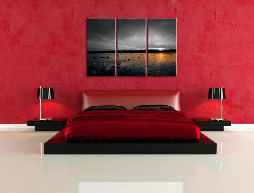 Weisse Schwäne im Sonnenuntergang schwarz/weiss 3-Teiler Leinwandbild 120x80 Bild auf Leinwand, XXL
