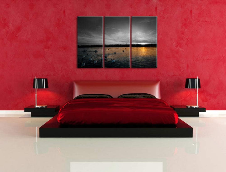 Weisse Schwäne im Sonnenuntergang schwarz/weiss 3-Teiler Leinwandbild 120x80 Bild auf Leinwand, XXL