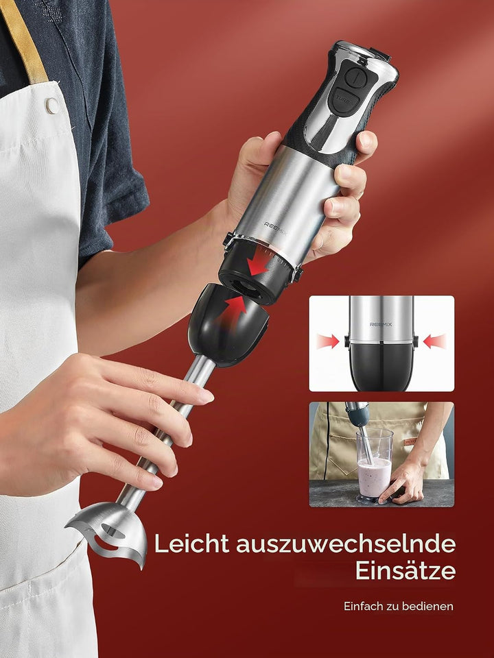 Pürierstab, 5-in-1 Stabmixer Edelstahl, 1000W Pürierstab mit 12 Geschwindigkeiten und Turbo-Modi, In