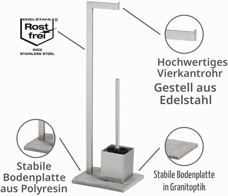WENKO Stand WC-Garnitur Granit, Ständer für Toilettenpapier &amp; Toilettenbürste, WC-Papierhalter in St