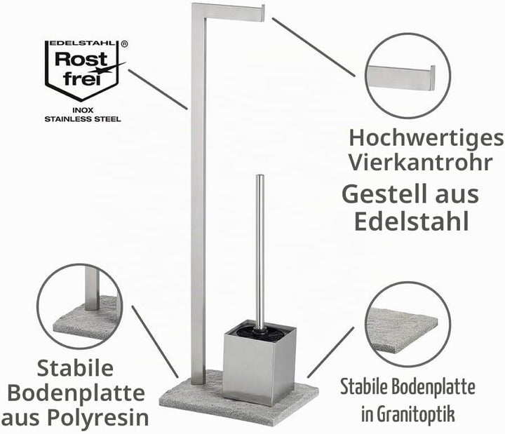 WENKO Stand WC-Garnitur Granit, Ständer für Toilettenpapier &amp; Toilettenbürste, WC-Papierhalter in St