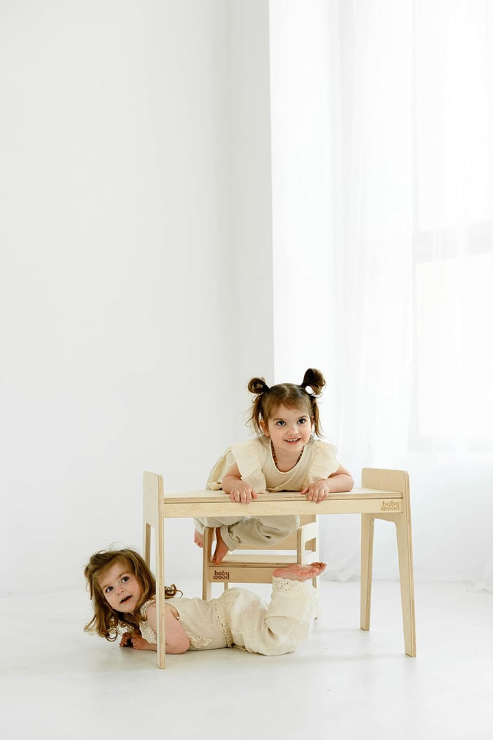 Babywood Tisch und Stuhl für Kinder, Kinderschreibtisch Set mit Stuhl aus Holz, sicherer Spieltisch