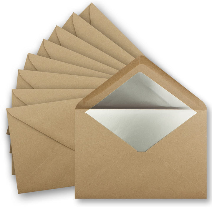 300x DIN C5 Kuverts 15,7 x 22,5 cm aus Kraft-Papier in sandbraun mit silbernem Seidenfutter - Nasskl