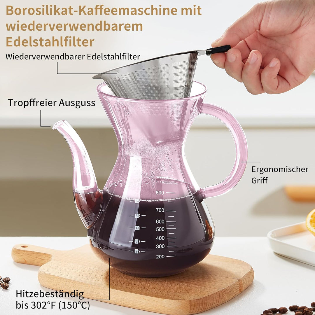 MESNEY Handfilter Kaffeekanne 800ml – Glas Kaffeebereiter mit Edelstahlfilter, Wiederverwendbarer Pe