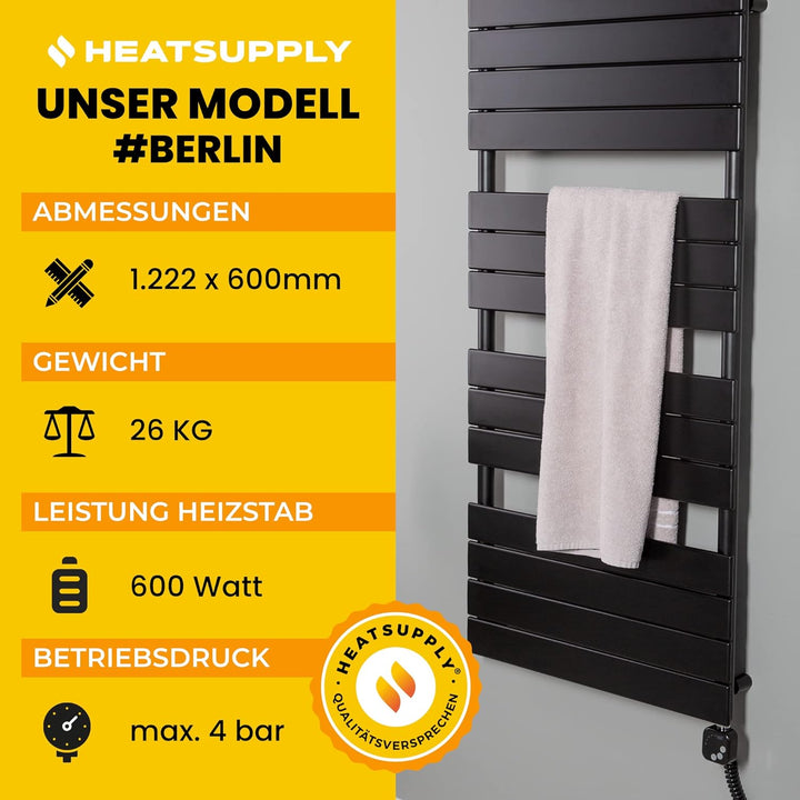 HEATSUPPLY Design Handtuchheizkörper elektrisch 1.222 x 600 Paneel Badheizkörper elektrisch mit Ther