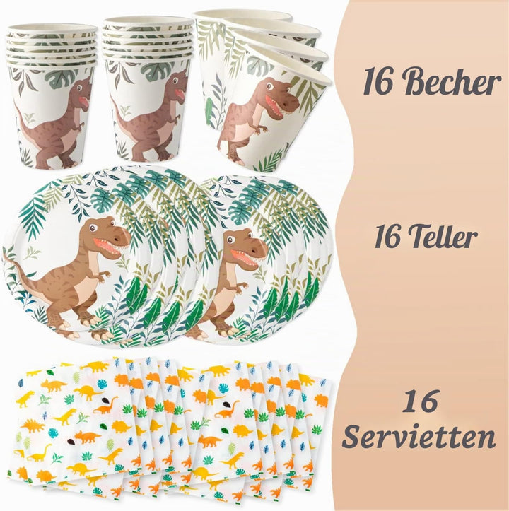 Dino Party Set 48 Tlg. Kindergeburtstag Dino 16 Teller, 16 Becher und 16 Tassen Komplett Set