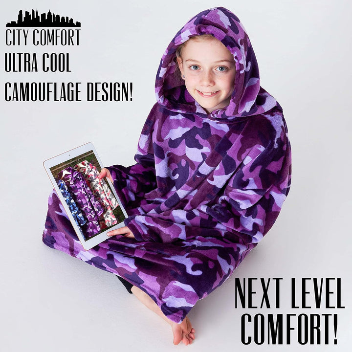 CityComfort Decke Hoodie Kinder Fleece Übergrösse Kapuzenpullover Mädchen Einheitsgrösse Lila Tarnfa