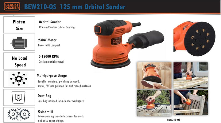 Black+Decker Exzenterschleifer (230W, Scheiben-Ø 125 mm, mit integrierter Staubabsaugung, zum Schlei