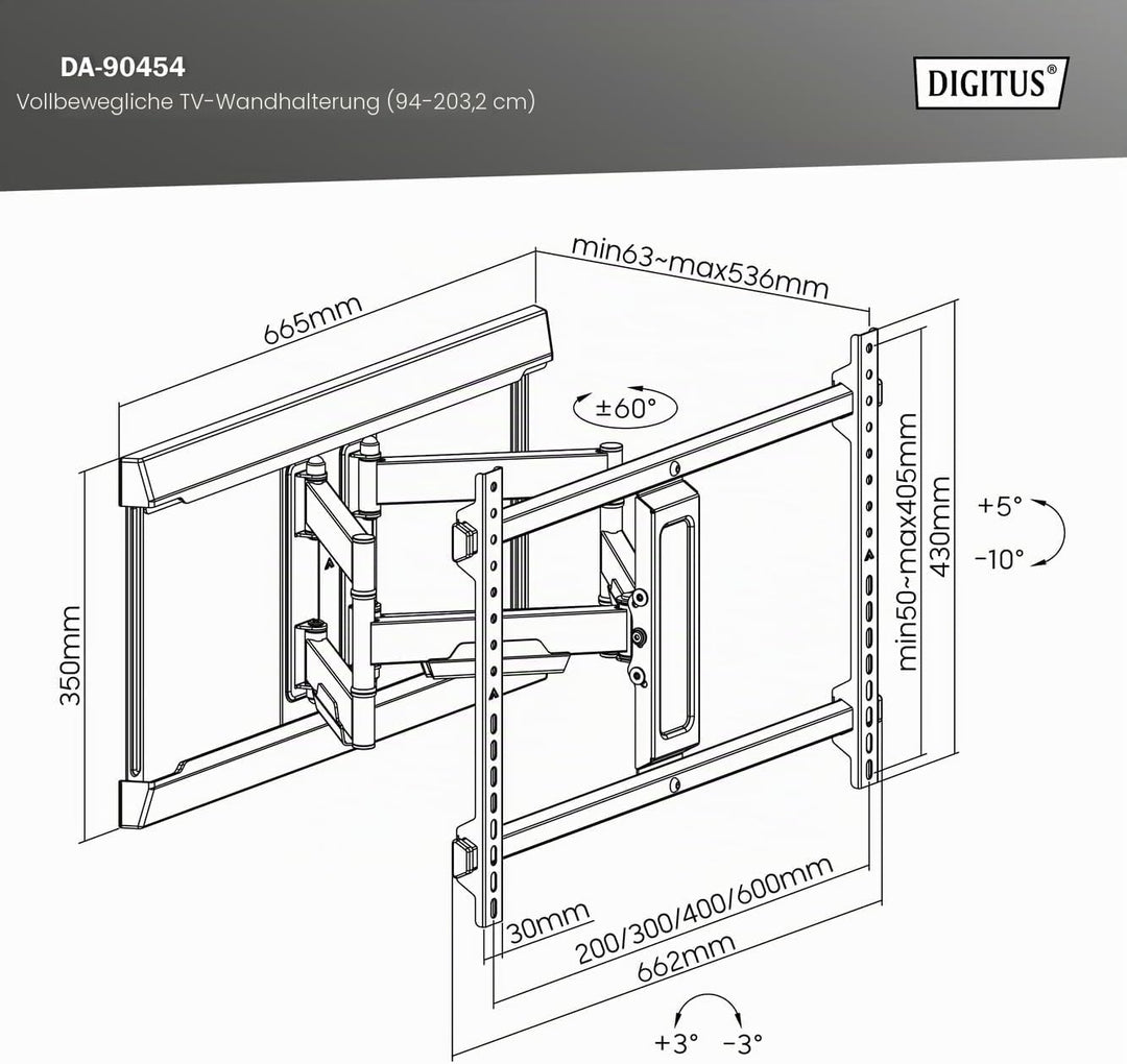 DIGITUS Full Motion TV-Wandhalterung 37-80" | 60 kg Belastung – Ausziehbar, schwenkbar, neigbar – In