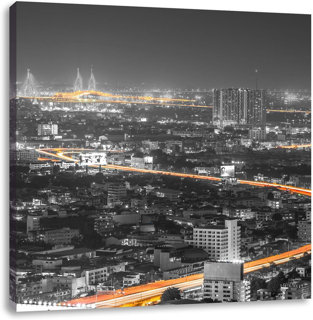 Pixxprint Lichtermeer Grossstadt bei Nacht schwarz/weiss, Format: 70x70 auf Leinwand, 70x70