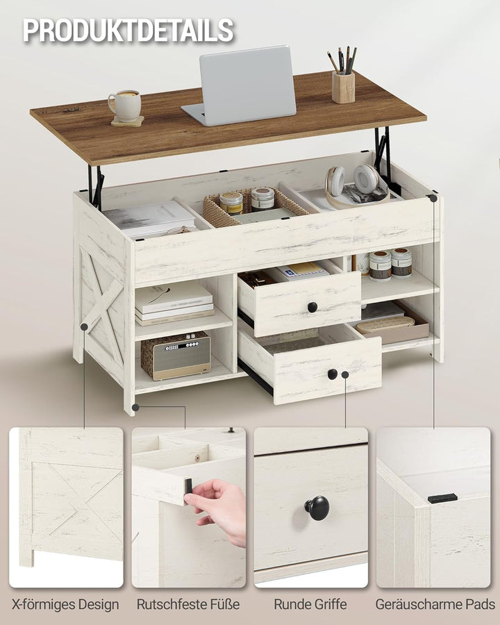 Hzuaneri Couchtisch, höhenverstellbarer Wohnzimmertisch, Sofatisch, 2 Schubladen und Versteckter Sta
