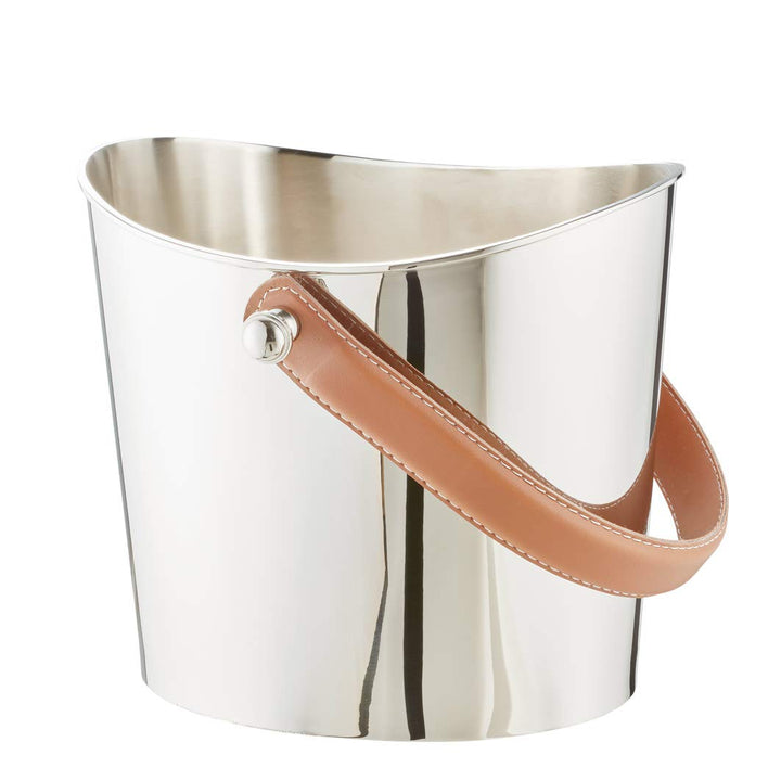 EDZARD Eiseimer Gilbert, Edelstahl glänzend vernickelt, brauner Ledergriff, Höhe 17 cm, Eiswürfeleim