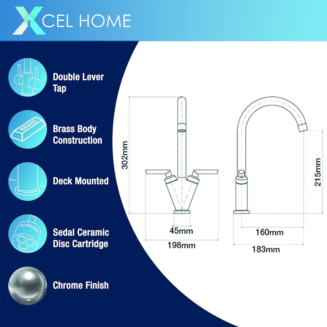 Xcel Home Chrom Küchenarmatur mit Doppelhebel &amp; 360° Schwenkauslauf, 1 Wasserhahn, inklusive Schläuc