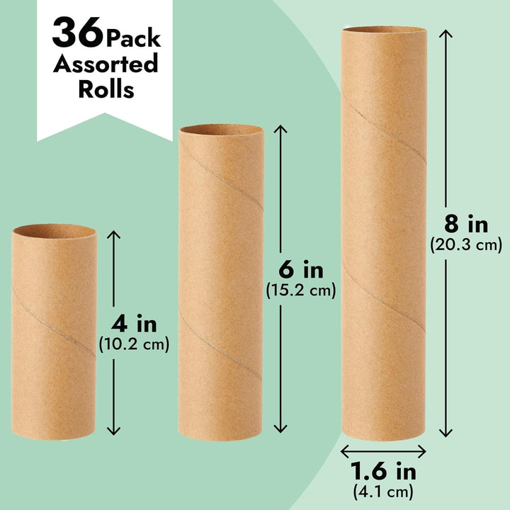 Braune Kartonröhren zum Basteln, Papierrollen für Klassenzimmer und Kunstprojekte, 36 Stück (3 versc