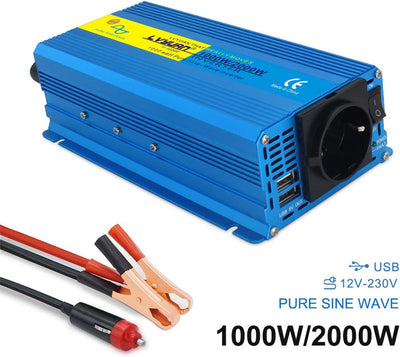 Yinleader Wechselrichter 1000W /2000W 12V 230V Reiner Sinus Spannungswandler mit 1 Steckdose 2 USB A