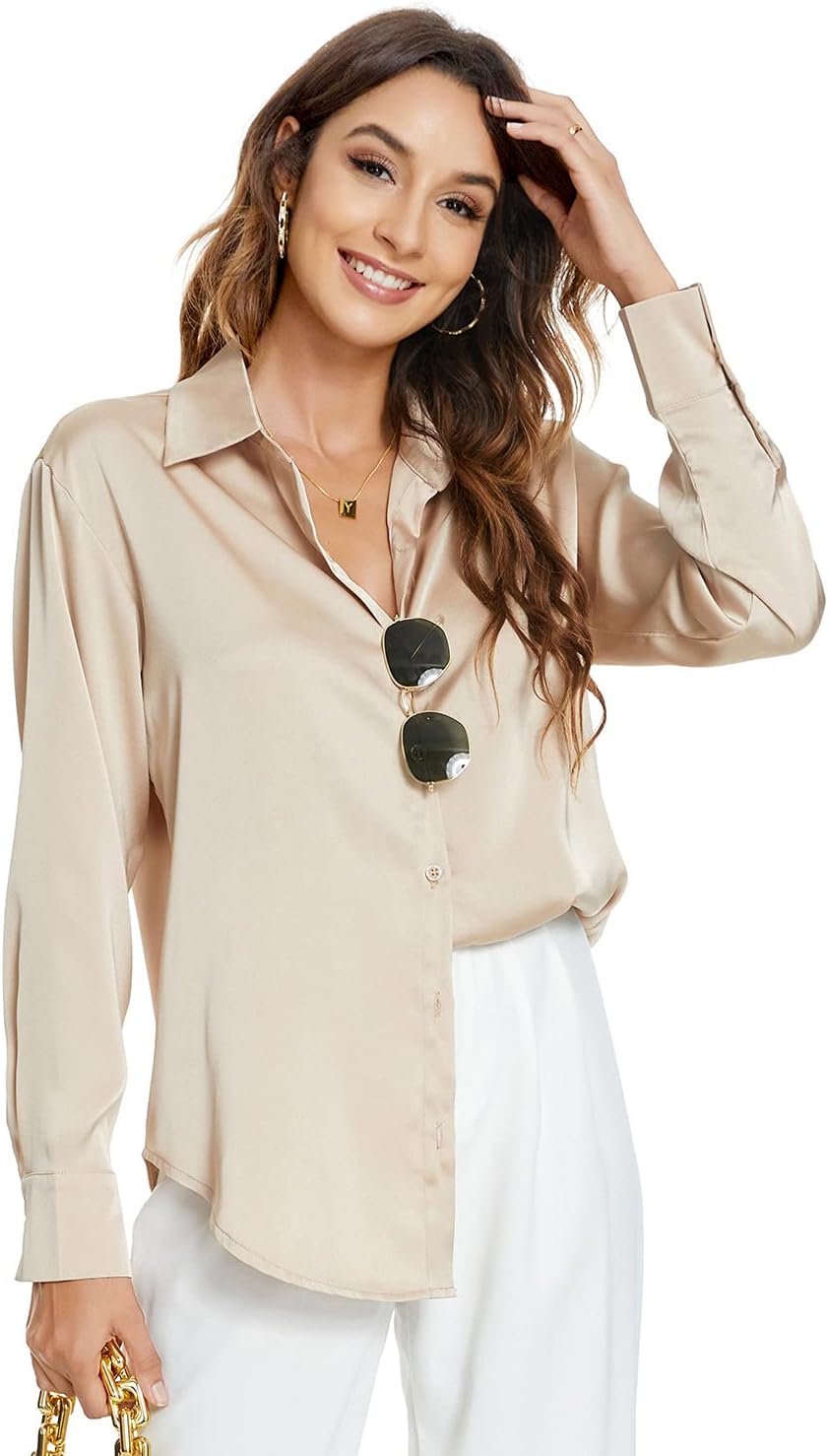 Atnlewhi Damen Bluse Langarm Knöpfen Satin Seide Hemden Basic Kent Kragen Arbeit Büro Formelle Casua