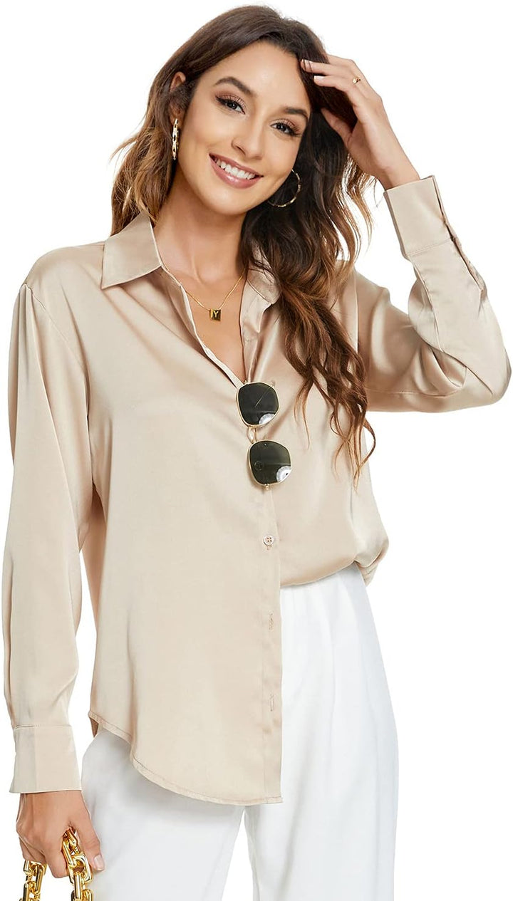 Atnlewhi Damen Bluse Langarm Knöpfen Satin Seide Hemden Basic Kent Kragen Arbeit Büro Formelle Casua
