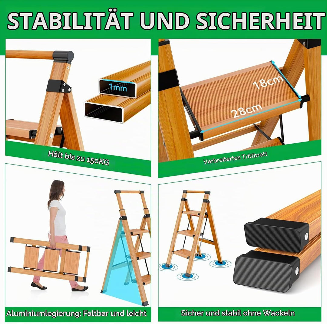 KULACO Trittleiter 3 Stufen klappbar, rutschfeste Haushaltsleiter, Multifunktionsleiter Holzmaserung