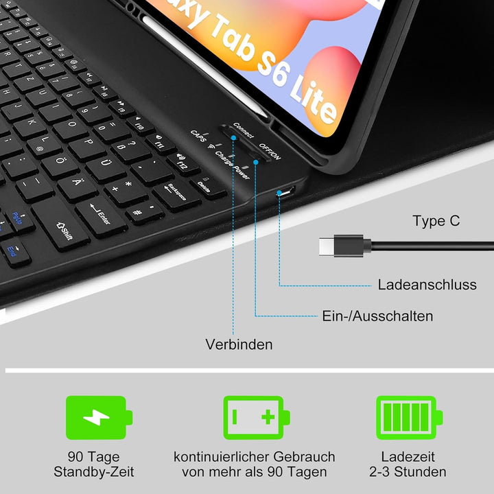 Hülle mit Tastatur für Samsung Galaxy Tab S6 Lite 2024,Schutzhülle mit Kabellos Abnehmbarer Tastatur