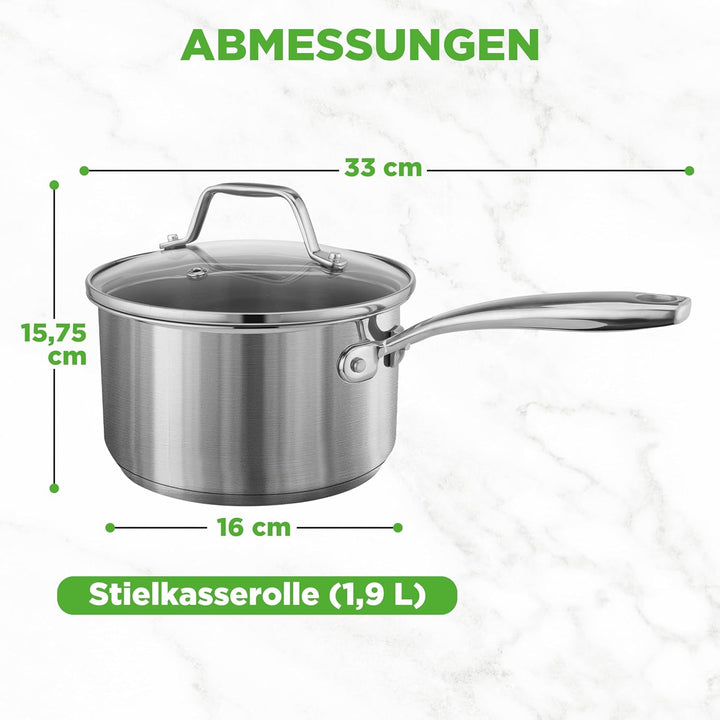 NutriChef Stielkasserolle, 16cm/2L, Antihaftbeschichtet mit Glasdeckel, für Induktion, Alle Herdarte