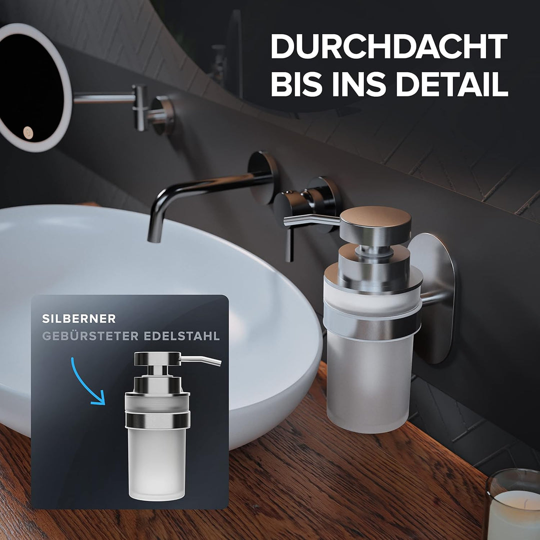 ovimar Seifenspender Kegnaes | Silber | Wandmontage ohne Bohren | aus Edelstahl und weissem Glas | e