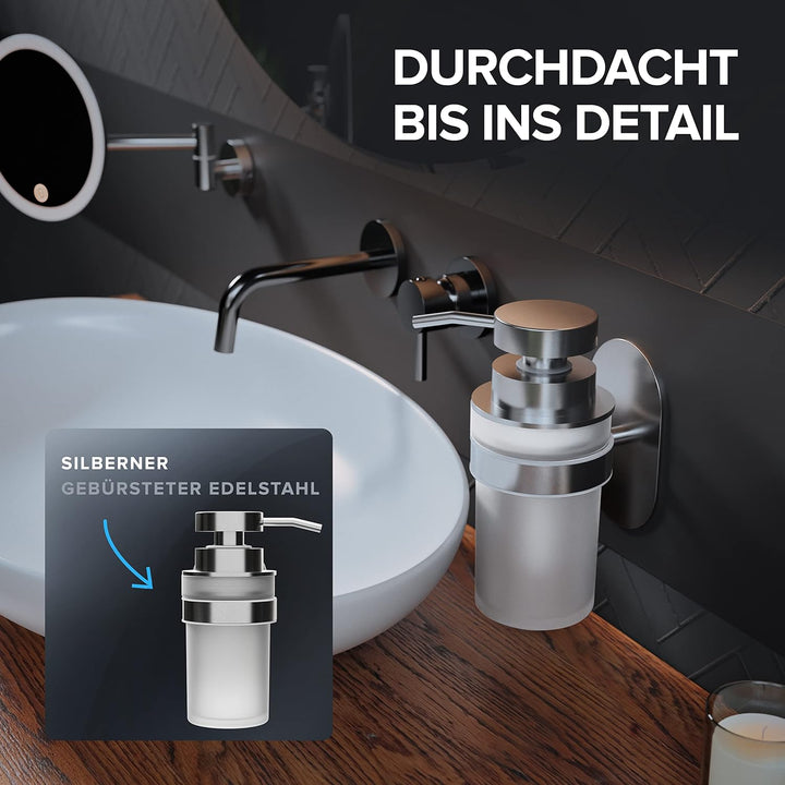 ovimar Seifenspender Kegnaes | Silber | Wandmontage ohne Bohren | aus Edelstahl und weissem Glas | e