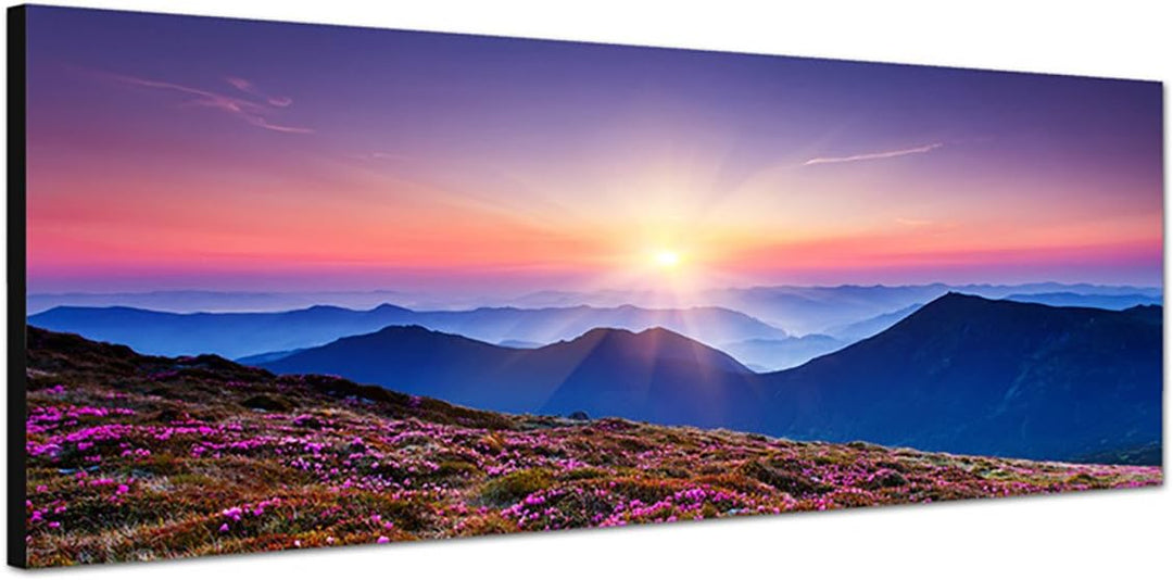 Paul Sinus Art Panoramabild auf Leinwand und Keilrahmen 150x50cm Ukraine Blumenwiese Berge Sonnenauf