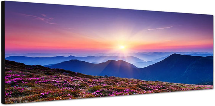 Paul Sinus Art Panoramabild auf Leinwand und Keilrahmen 150x50cm Ukraine Blumenwiese Berge Sonnenauf