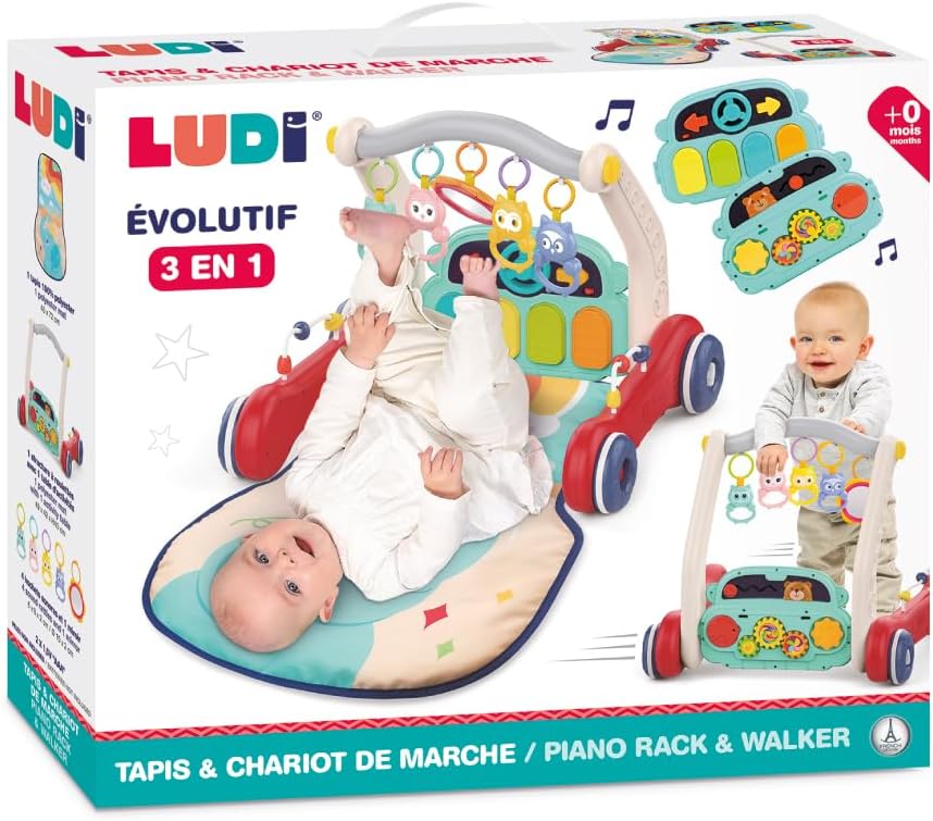 Ludi — 3-in-1-Spielmatte und Laufwagen — Spieltisch mit Musikklavier und Klangklappern — skalierbar