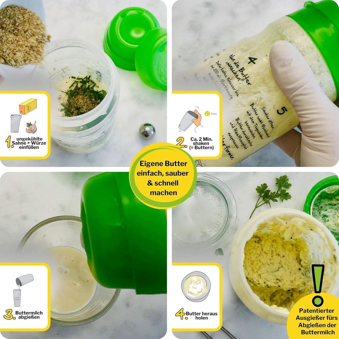 EINSTEIGER-SET für EINFACHES BUTTER MACHEN mit dem patentiertem Butter-Shaker (325ml) in GRUEN + kre