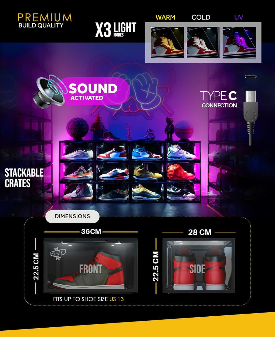 Crep Protect Transparente Schuhbox mit LED - Crates 3.0 Stapelbare Sneaker Aufbewahrungsbox mit Magn