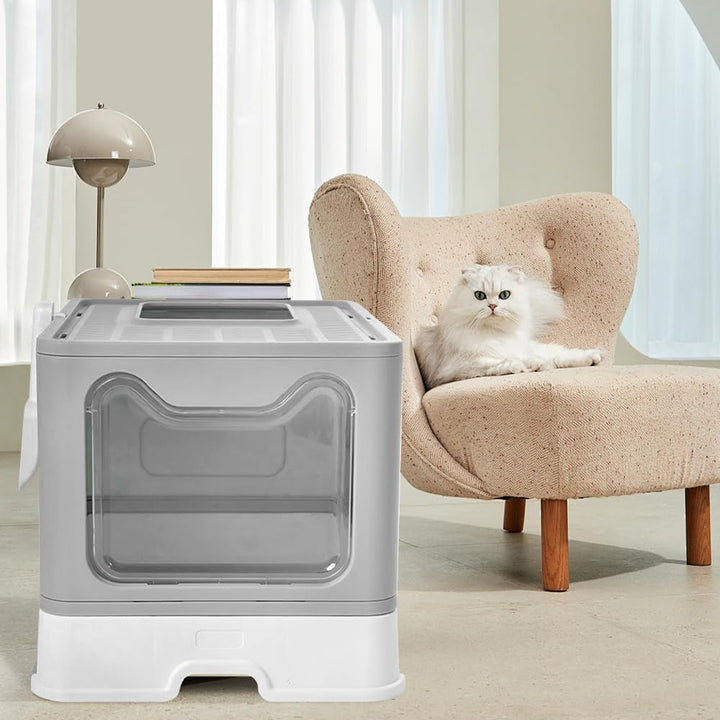 OHMG Katzentoilette für Katzen, grosses Katzentoilette, faltbar, mit Deckel, Schublade und Schaufel,