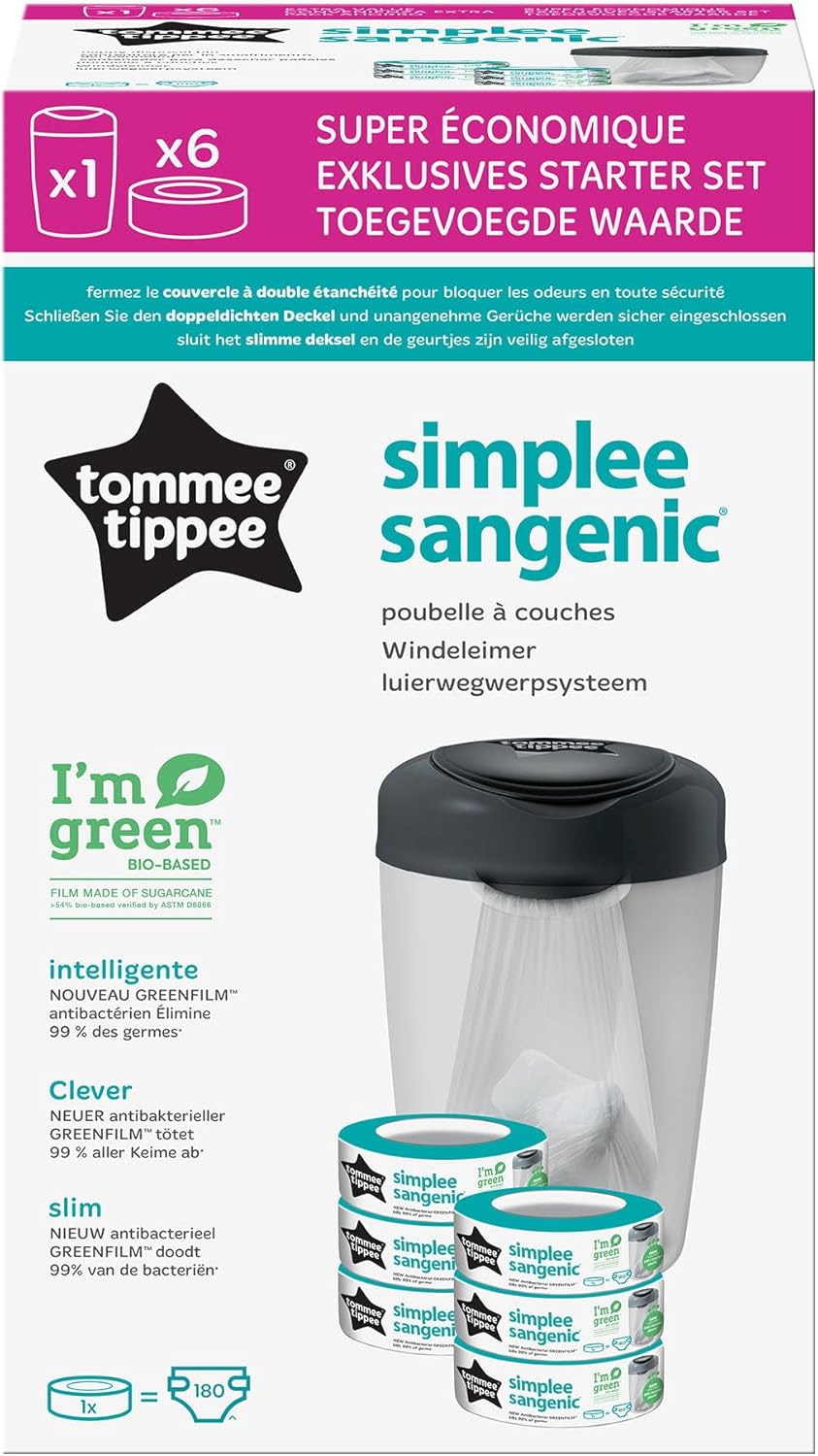 Tommee Tippee Simplee Windeleimer, mit 6 Nachfüllkassette, Schützt gegen Gerüche und Keime*, Zu 100