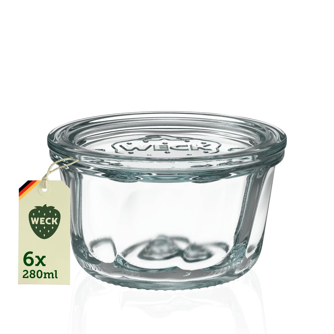 Weck Glas 6 280ml Gugelhupf Form RR100 mit Auswahl Zubehör im Original Weck Karton (Mit Glasdeckel)
